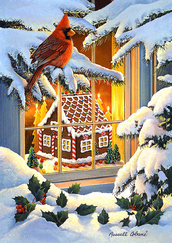 Gingerbread House Cardinal Garden Flag Image