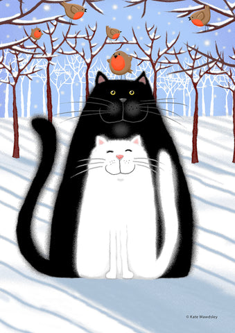 Snow Cats and Birds House Flag Image