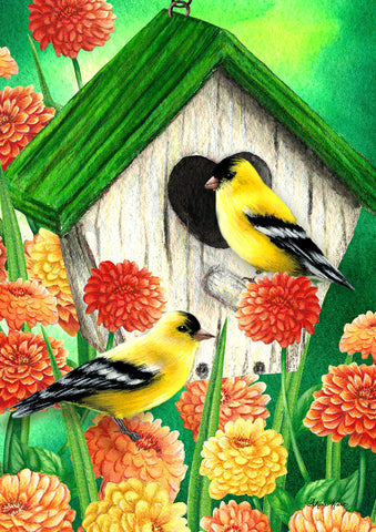 Goldfinch Birdhouse Garden Flag Image