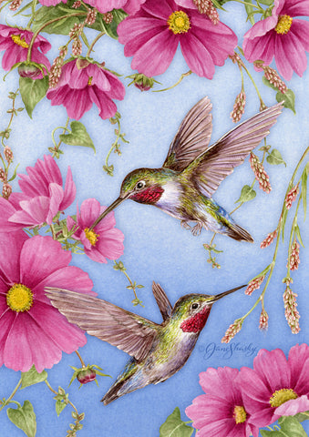 Hummingbirds W/Pink House Flag Image