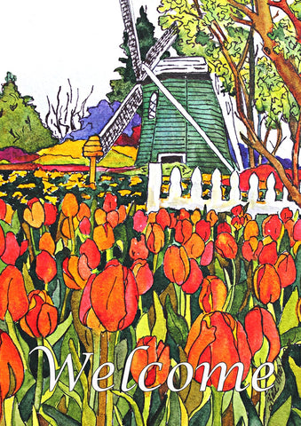 Windmill And Tulips Garden Flag Image