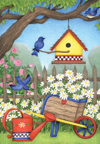 Birdhouse Daisies Garden Flag Image