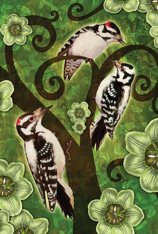 Downy And Hairy Woodpeckers House Flag Image