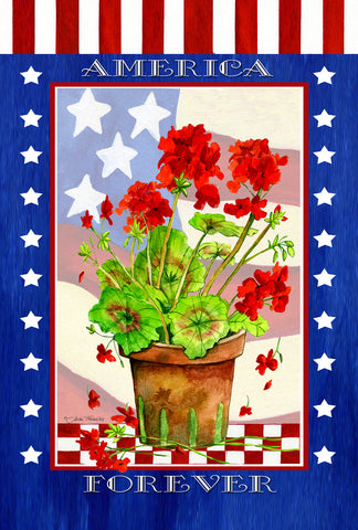 Patriotic Geranium Pot Garden Flag Image