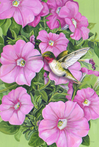 Hummingbird and Petunias Garden Flag Image
