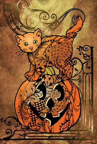 Tangle Cat and Pumpkin Garden Flag Image