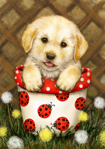 Potted Puppy Garden Flag Image