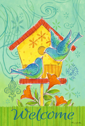 Blue Bird House Garden Flag Image