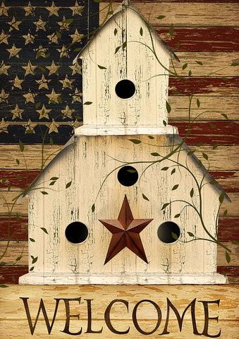 Americana Birdhouse Welcome Garden Flag Image