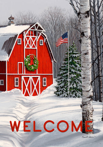 Welcome Winter Barn Garden Flag Image