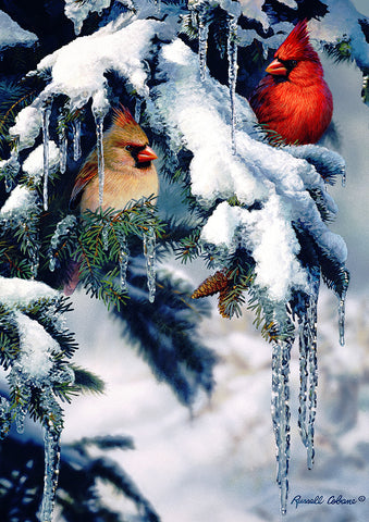 Snowy Fir Cardinals Garden Flag Image
