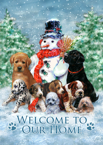Snowman with Pups Garden Flag Image