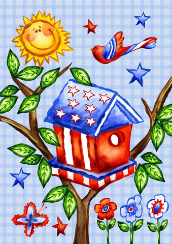 Patriotic Birdhouse House Flag Image