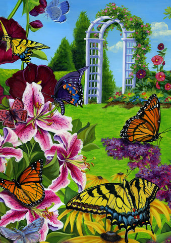 Butterflies In The Garden House Flag Image