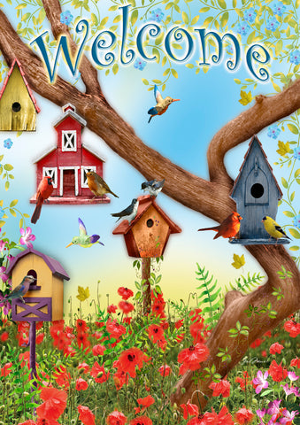 Poppies and Birdhouses Garden Flag Image