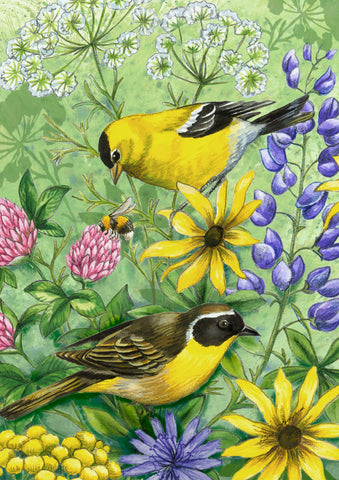 Floral Finches House Flag Image