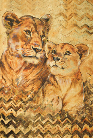 Hand Painted Lioness And Cub Garden Flag Image