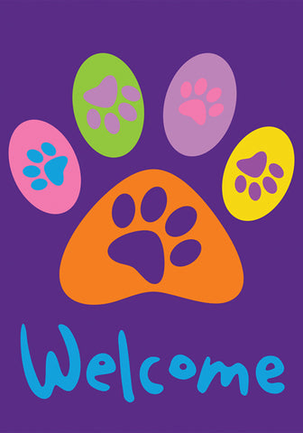 Welcome Paws Purple Double Sided Garden Flag Image