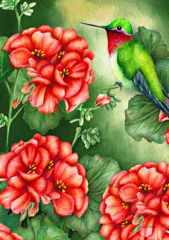 Geraniums and Hummingbird House Flag Image