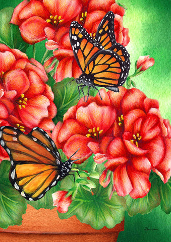Geraniums and Butterflies Garden Flag Image