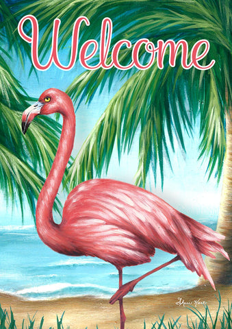 Hello Flamingo House Flag Image