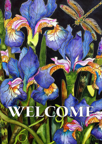 Iris And Dragonfly Garden Flag Image