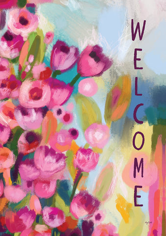 Pink Flower Welcome Double Sided Garden Flag Image