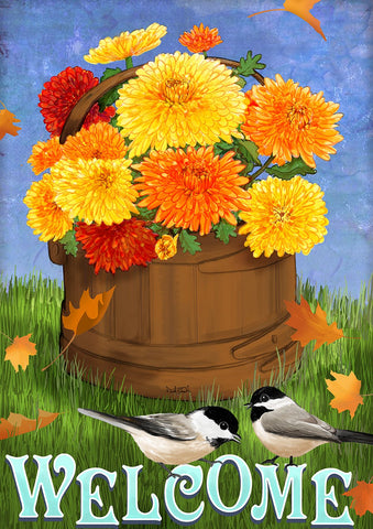Chickadees And Mums Double Sided House Flag Image