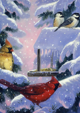 Snowy Cardinals And Chickadees House Flag Image