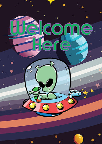 Welcome Here Alien Garden Flag Image