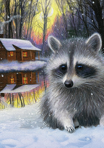 Winter Lodge Raccoon Garden Flag Image