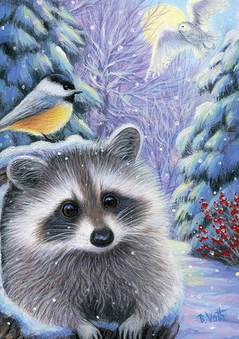 Winter Chickadee Raccoon Garden Flag Image