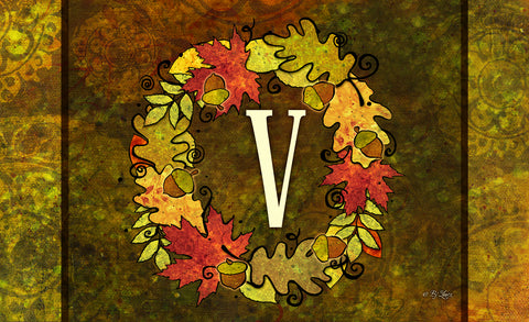 Fall Wreath Monogram V Door Mat Image