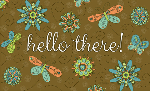 Hello Flowers and Butterflies - Brown Door Mat Image