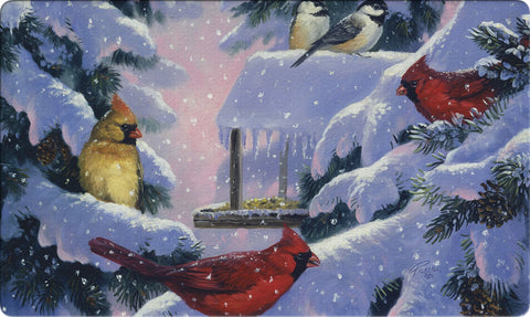 Snowy Cardinals And Chickadees Door Mat Image